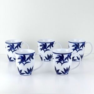 Pier 1 Coffee Mug Cup Ming Cobalt Blue Leaf Leaves on White Porcelain Set Of 5